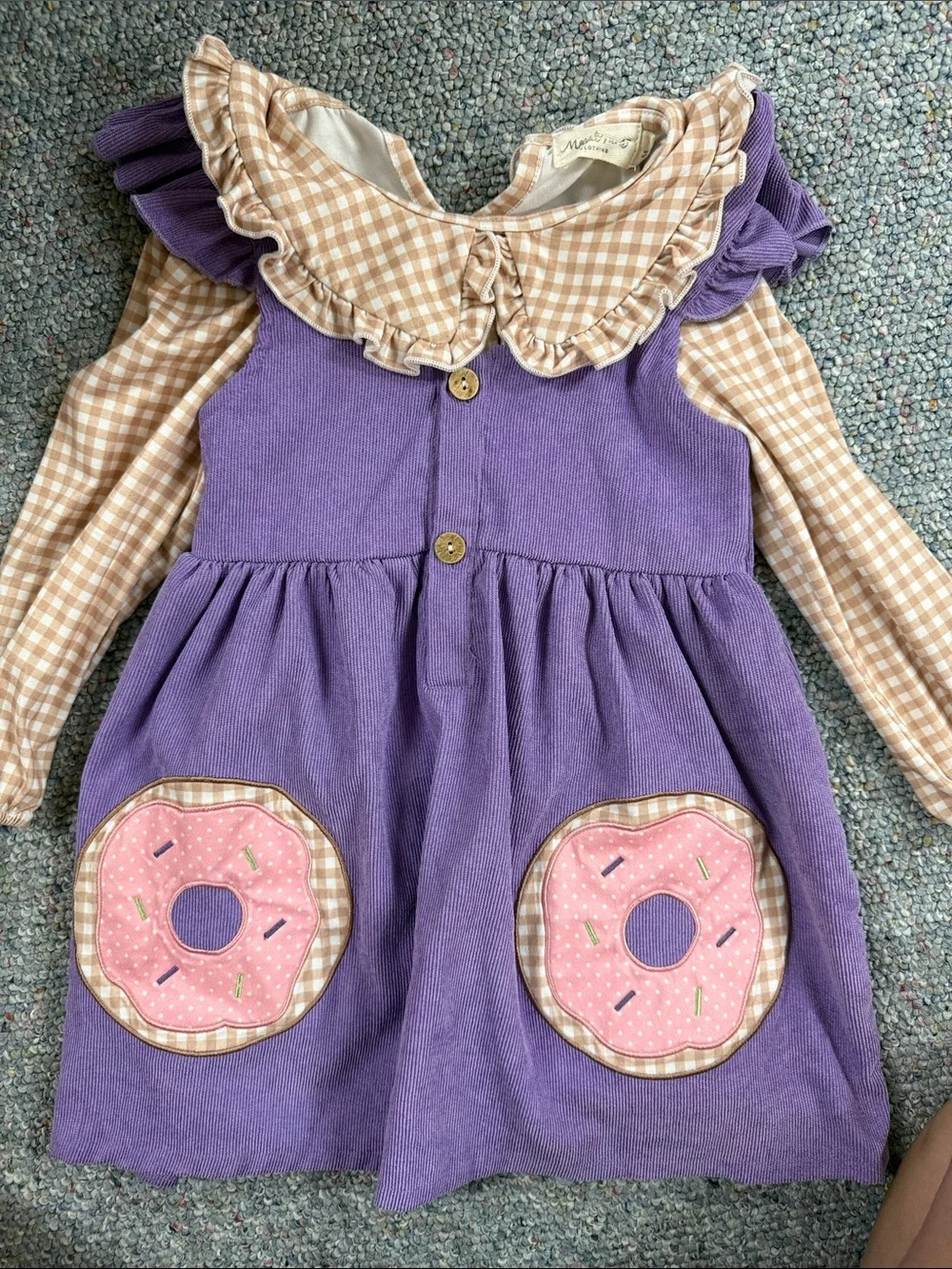 Kids Purple Corduroy Dress, Beige Gingham Collar and Donut Pockets size medium